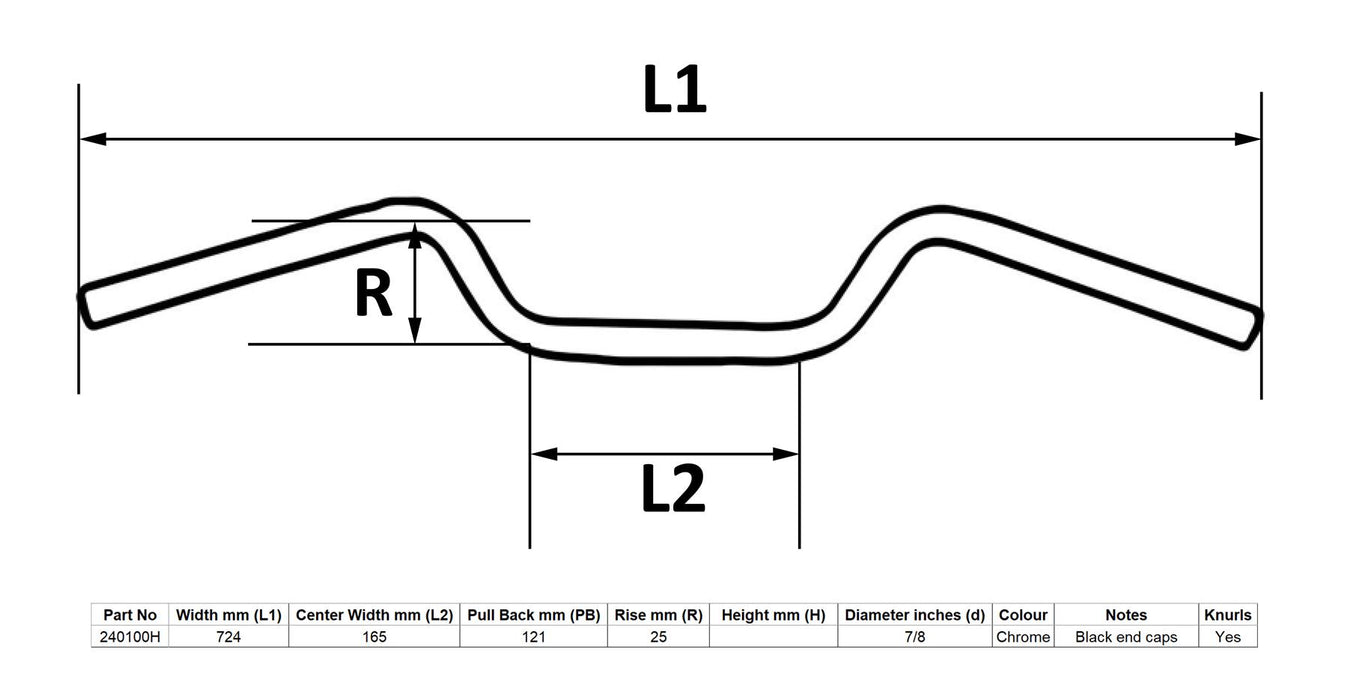 Motorcycle Handlebar 7/8" Chrome 1" Rise