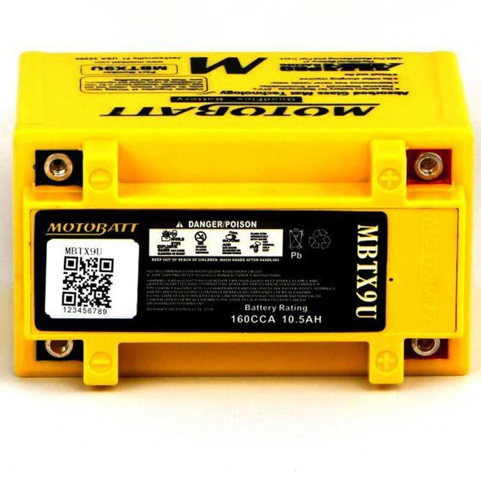 Motobatt Battery MBTX9U 12v 10AH CCA:160A YTX9BS, L:151mm x H:105mm x W:87mm