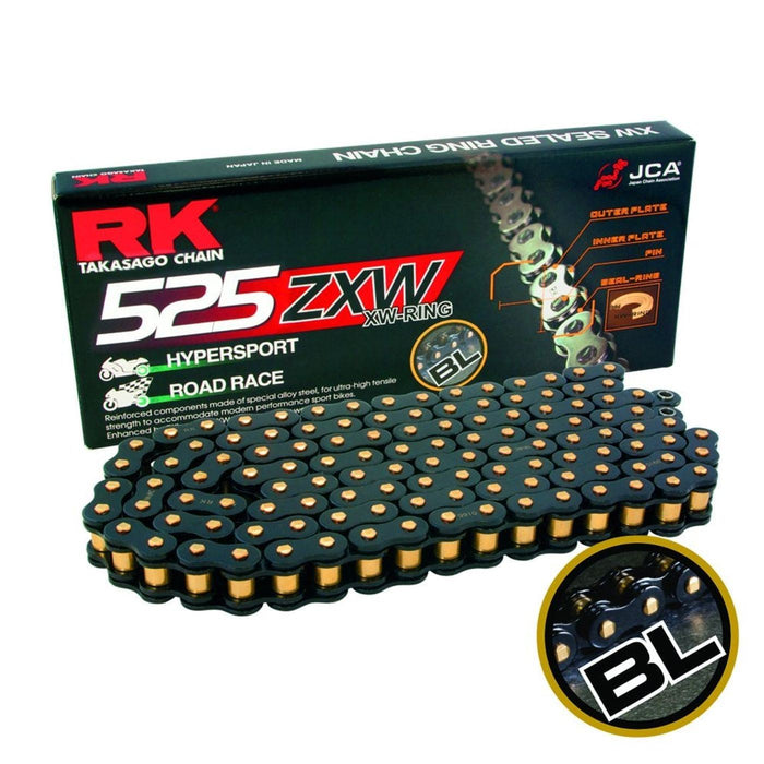 RK Motorcycle Chain Super Heavy Duty XW-Ring Black/Gold ZXW 525-124L (46.4KN)