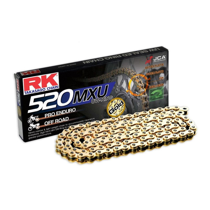 RK Motocross & Enduro Chain Heavy Duty Narrow UW-Ring Gold 520-120L (35.6KN) – motorcycle part available from UK stock